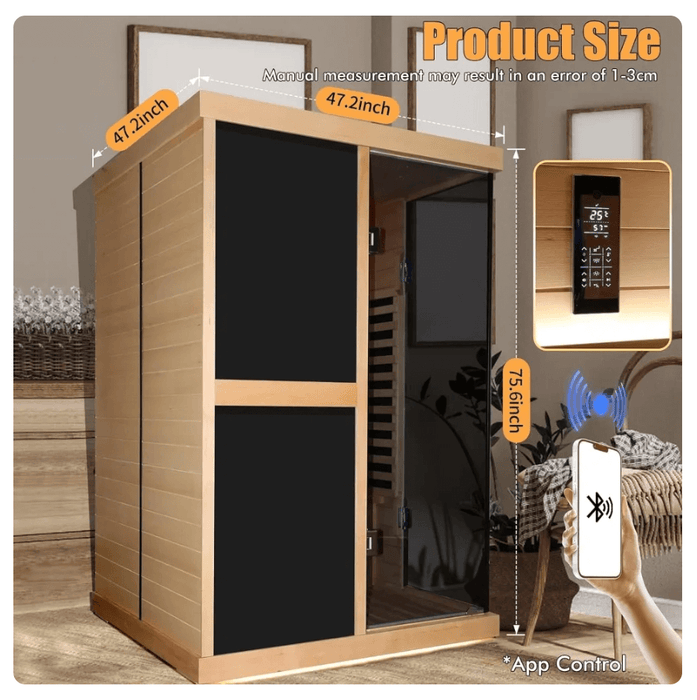 Two Person Infrared Sauna 1980W Wooden Saunas Home Spa Room Canadian Hemlock Wood Low-EMF Indoor Saunas with APP Control